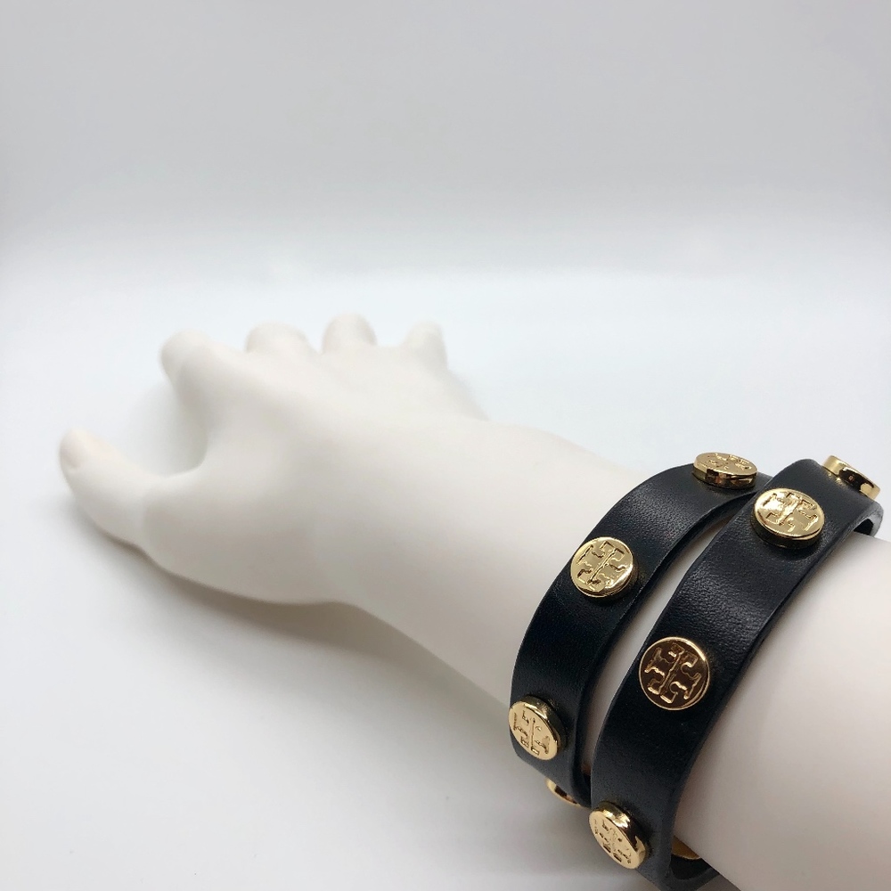 Tory Burch Bracelet Double Wrap Logo Black Leather